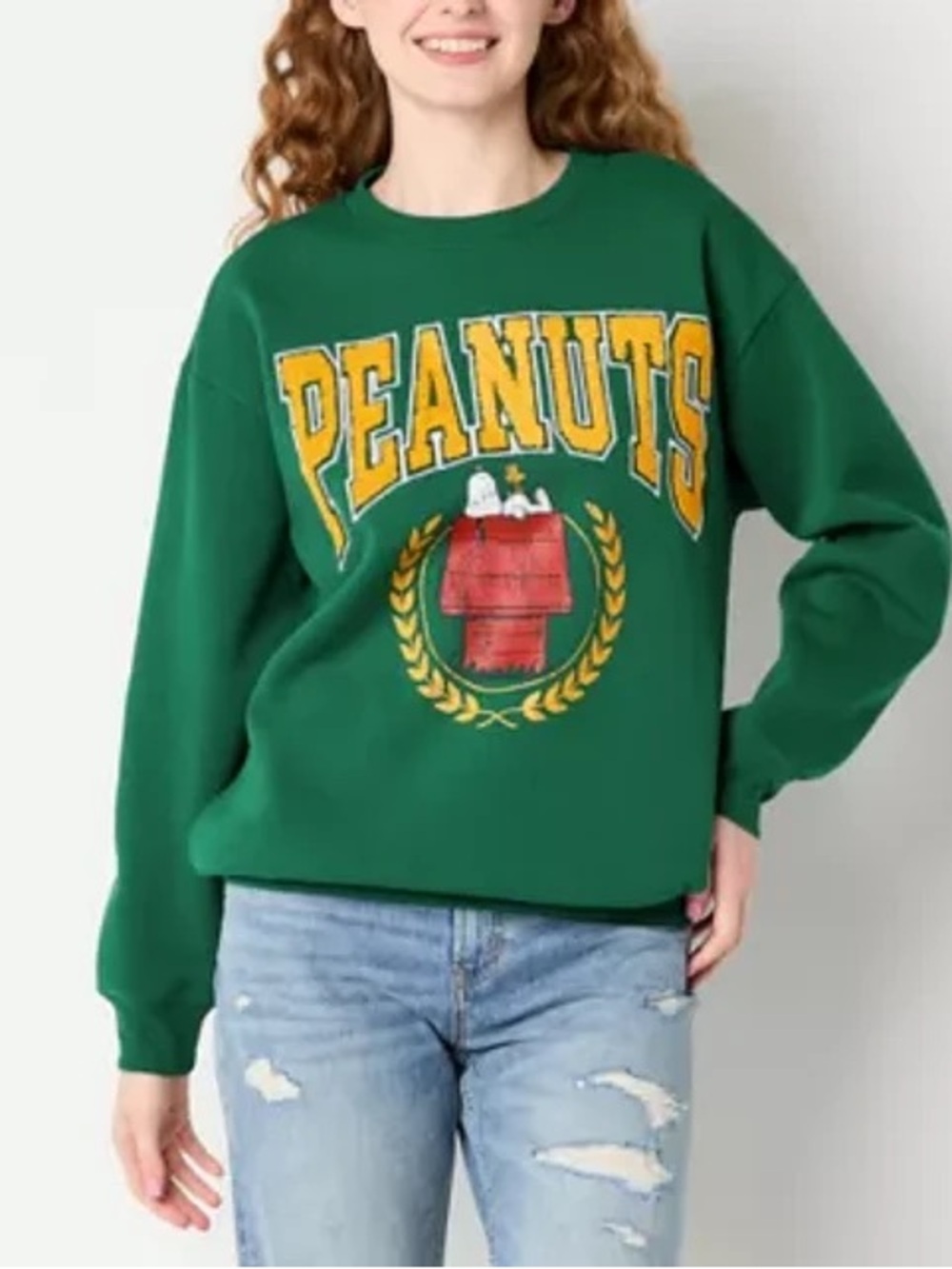 Peanuts Snoopy Crew Neck Long Sleeve Hunter Green Sweatshirt Size M